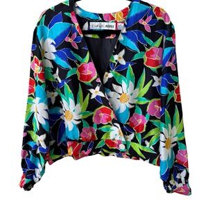 Chaus Vintage 80s 90s 100% Silk Tropical Floral Cropped Maximalist Jacket 14P‎